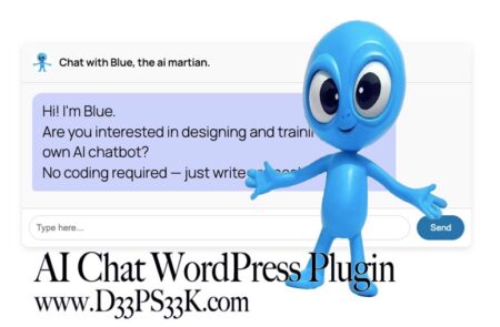 Image shows our martian super hero Blue in front of a a screenshot of the AI Chat Bot WordPress plugin showing the chat on screen.